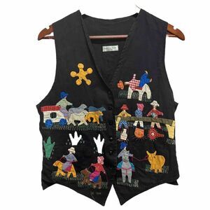 Vintage Handmade Folk Applique Frog A La Peche Cowgirl Vest Embroidered Medium